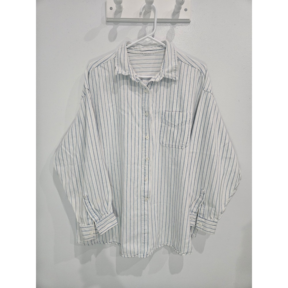 Blue White Striped Button Down Shirt Oversized Long Sleeve Coastal Top